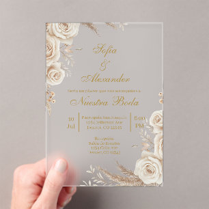 Acrylic Beige Boho floral Spanish Wedding Invitations