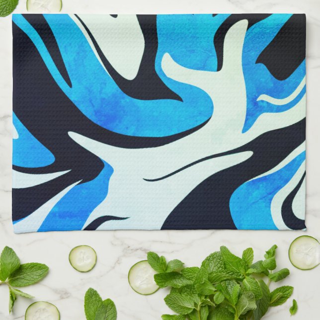Acrylic Blue Black Liquid Abstract Pattern  Tea Towel (Folded)