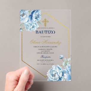 Acrylic Blue Floral Bautizo Spanish Invitation