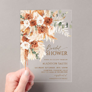 Acrylic Boho Floral Pampas Bridal Shower Invitations