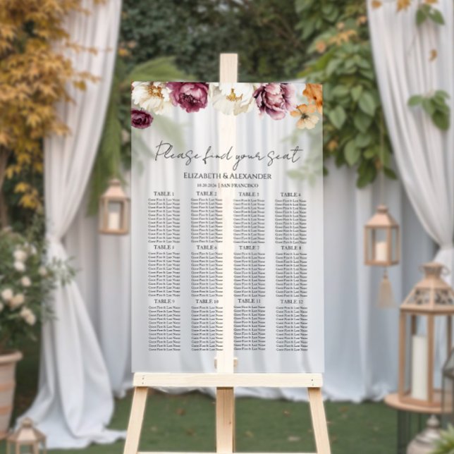Acrylic Burgundy Floral Fall Wedding Seating Chart (Creator Uploaded)