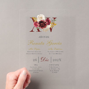 Acrylic Burgundy floral quinceañera invitation