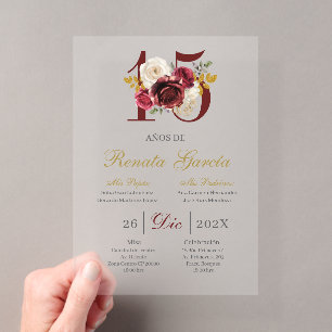Acrylic Burgundy floral quinceañera invitation