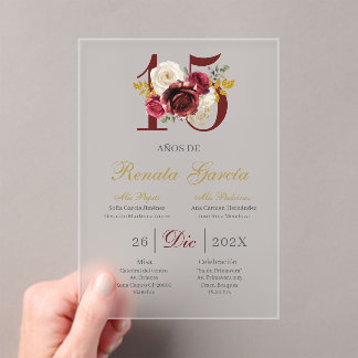 Acrylic Burgundy floral quinceañera invitation