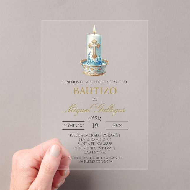 Acrylic Christian Candle Spanish baptism Invitations (Insitu (Handheld))