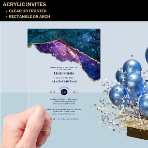 Acrylic Clear BAR MITZVAH Galaxy Starry Night Blue Acrylic Invitations
