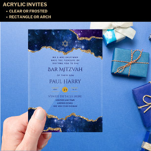 Acrylic Clear BAR MITZVAH Galaxy Starry Night Blue Acrylic Invitations