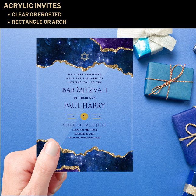 Acrylic Clear BAR MITZVAH Galaxy Starry Night Blue Acrylic Invitations (Creator Uploaded)