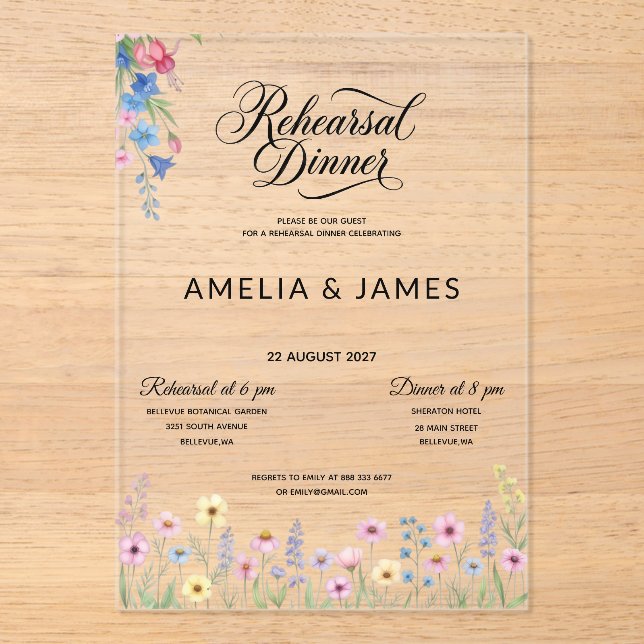 Acrylic Colourful wildflower  rehearsal dinner Invitations (Front)