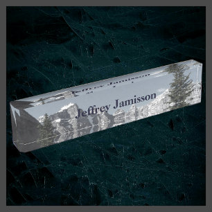 Acrylic Desk Nameplate Mountains Personalised Grey