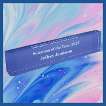 Acrylic Desk Nameplate, Salesman of the Year Blue
