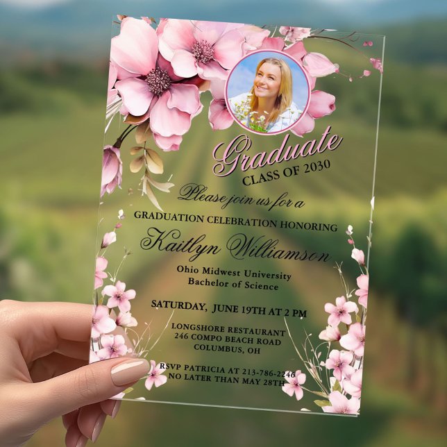 Acrylic Elegant Floral Pink Photo Graduation Party Invitations (Creator Uploaded)