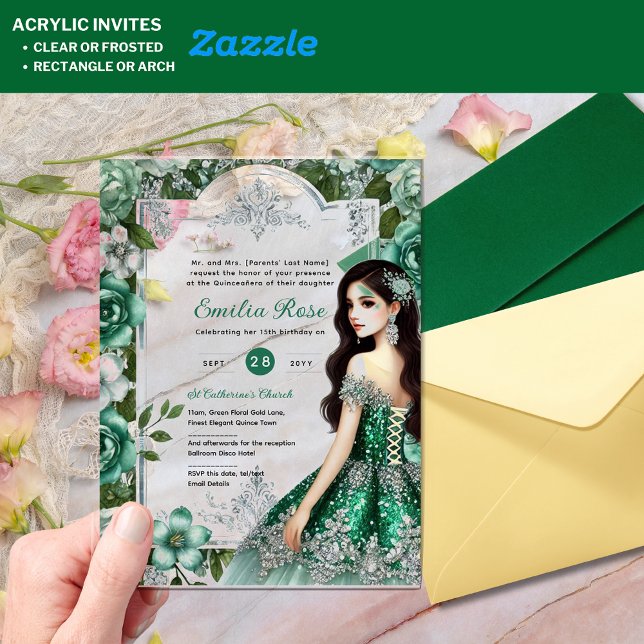 ACRYLIC Emerald Green Silver Quince Dress Flowers Acrylic Invitations (Creator Uploaded)