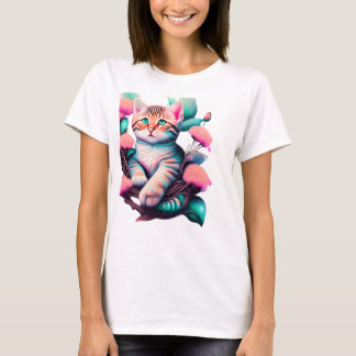 Acrylic Flower Cat Cute T-Shirt