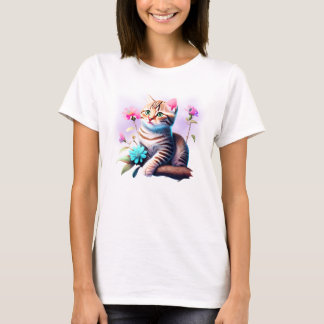 Acrylic Flower Cute Cat T-Shirt