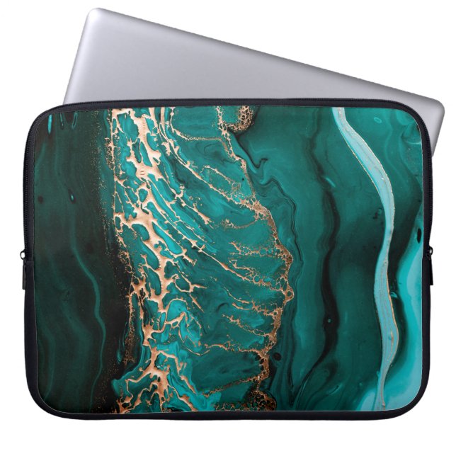 Acrylic Fluid Art. Dark green waves in abstract oc Laptop Sleeve (Front)