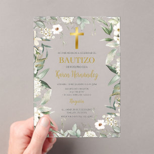 Acrylic greenery white flower Baptism Spanish Acrylic Invitations