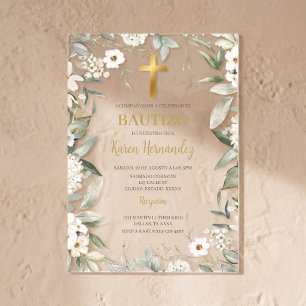 Acrylic greenery white flower Baptism Spanish Invitations