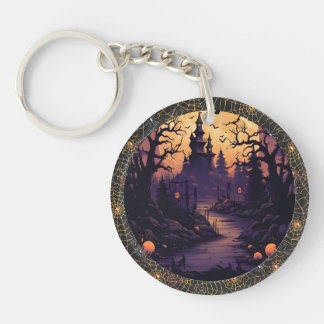 Acrylic Halloween Castle Scene W Spiderweb Ring Key Ring