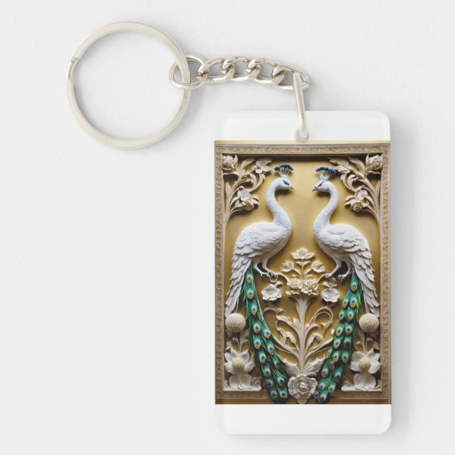 Acrylic keychain with pair peacock image. (Front)