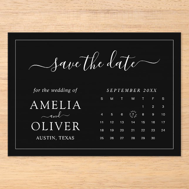 Acrylic Modern Chic Black Calendar Save The Date Invitations (Front)