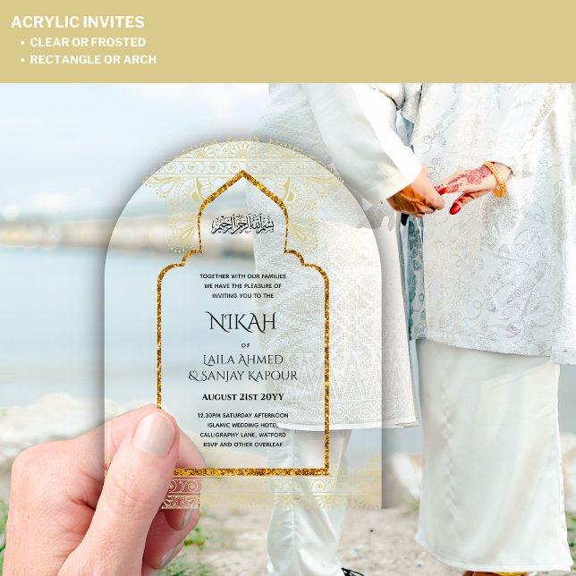 ACRYLIC NIKAH - Ornate Islamic Mosque Gold Wedding Acrylic Invitations (Creator Uploaded)