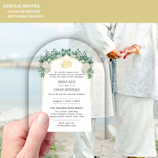 ACRYLIC NIKAH WALIMA White Roses Gold Elegant Acrylic Invitations (Creator Uploaded)