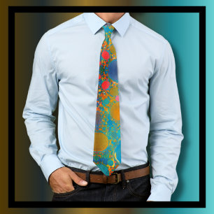 Acrylic Oil Turquoise Gold Red Blue Abstract Art Tie