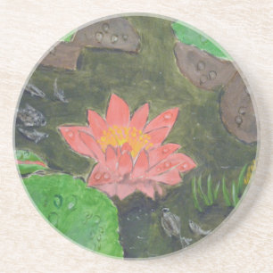 Acrylic on canvas, pink water lily flower coaster