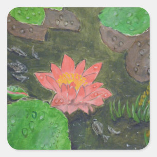 Acrylic on canvas, pink water lily flower square sticker