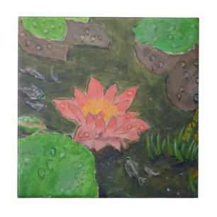 Acrylic on canvas, pink waterlily and green leaves ceramic tile