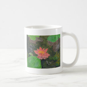 Acrylic on canvas, pink waterlily and green leaves coffee mug