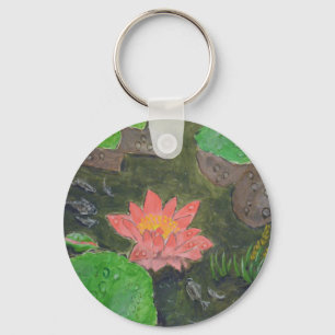 Acrylic on canvas, pink waterlily and green leaves key ring