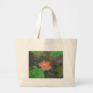 Acrylic on canvas, pink waterlily and green leaves large tote bag