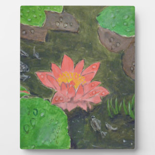 Acrylic on canvas, pink waterlily and green leaves plaque