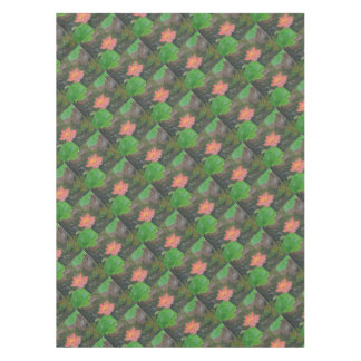 Acrylic on canvas, pink waterlily and green leaves tablecloth