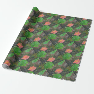 Acrylic on canvas, pink waterlily and green leaves wrapping paper