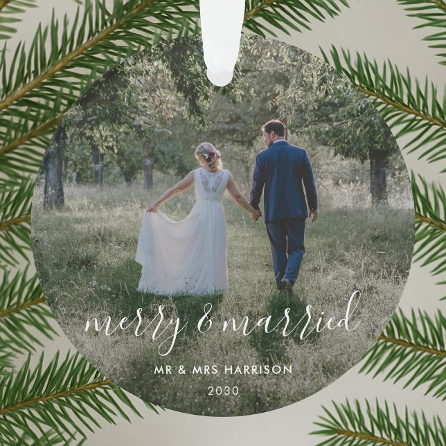 Acrylic Ornament | Merry and Married Photo (Merry and Married acrylic photo ornament by Guava, perfect for newlyweds and wedding gifting)