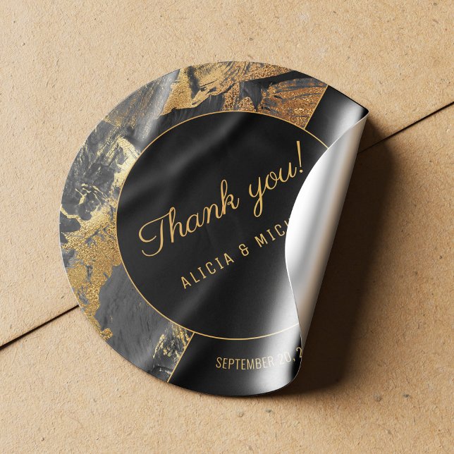 Acrylic painting gold and black wedding thank you square sticker (Creator Uploaded)