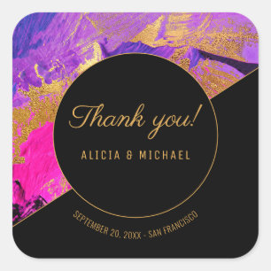 Acrylic painting purple gold wedding thank you square sticker