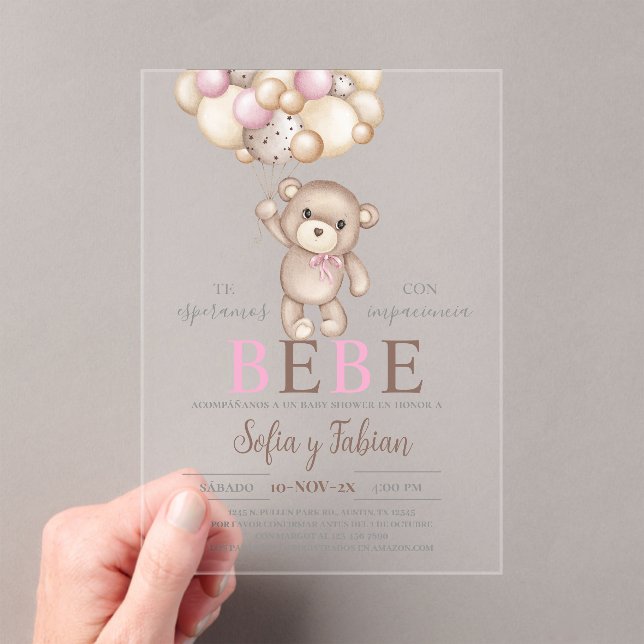 Acrylic Pink Bear Baby Shower Girl Spanish Invitations (Insitu (Handheld))