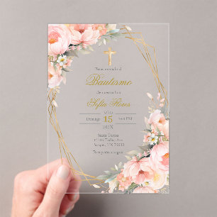 Acrylic Pink flower bouquet Baptism in Spanish Invitations