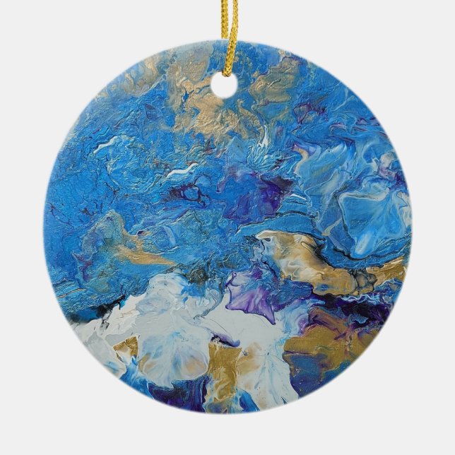 Acrylic pour abstract Blues and Gold 1 Ceramic Ornament (Front)