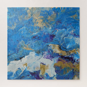 Acrylic pour abstract Blues and Gold 1 Jigsaw Puzzle