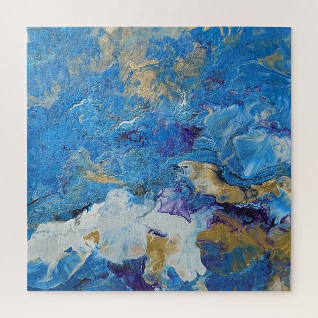 Acrylic pour abstract Blues and Gold 1 Jigsaw Puzzle (Vertical)