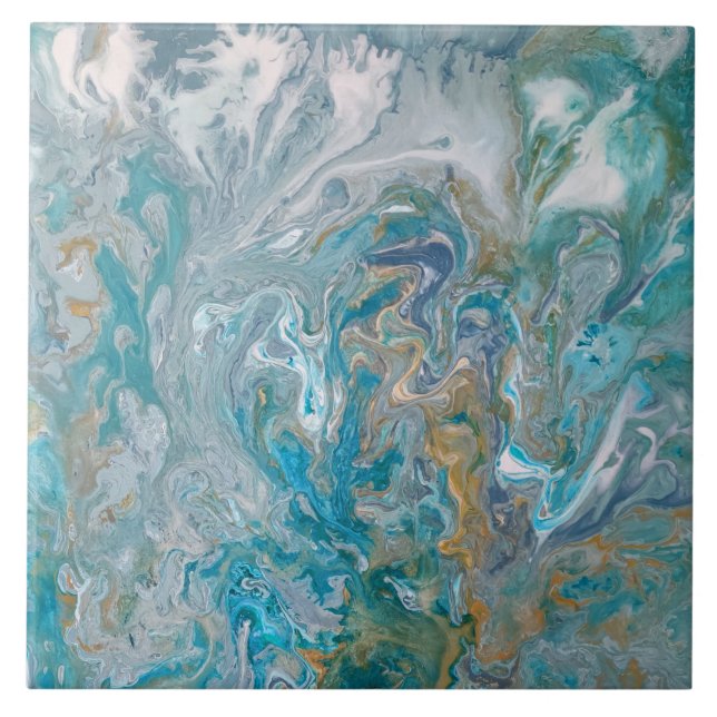 Acrylic pour abstract turquoise coast ceramic tile (Front)