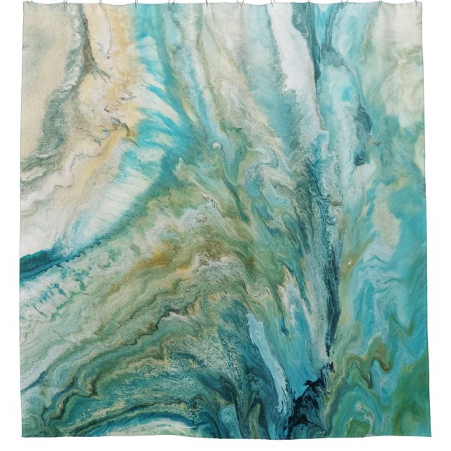 Acrylic pour abstract turquoise coast shower curtain (Front)