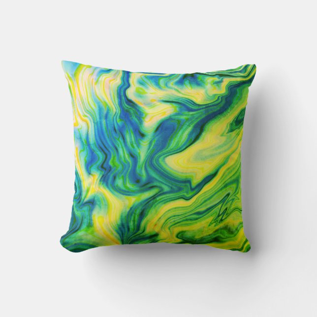 Acrylic Pour, Blue, Green, Yellow /  Cushion (Front)