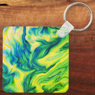 Acrylic Pour, Blue, Green, Yellow /  Key Ring