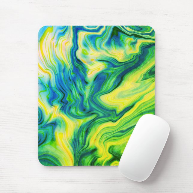 Acrylic Pour, Blue, Green, Yellow /  Mouse Pad (With Mouse)